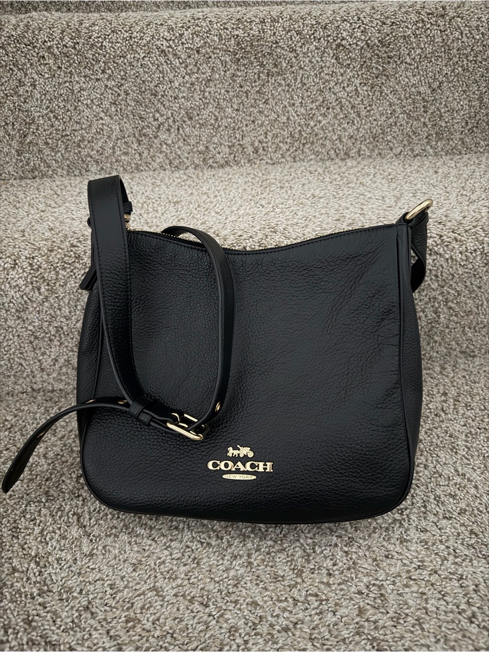 Coach Ellie File Black Pebbled Leather Shoulder Bag with Gold Logo